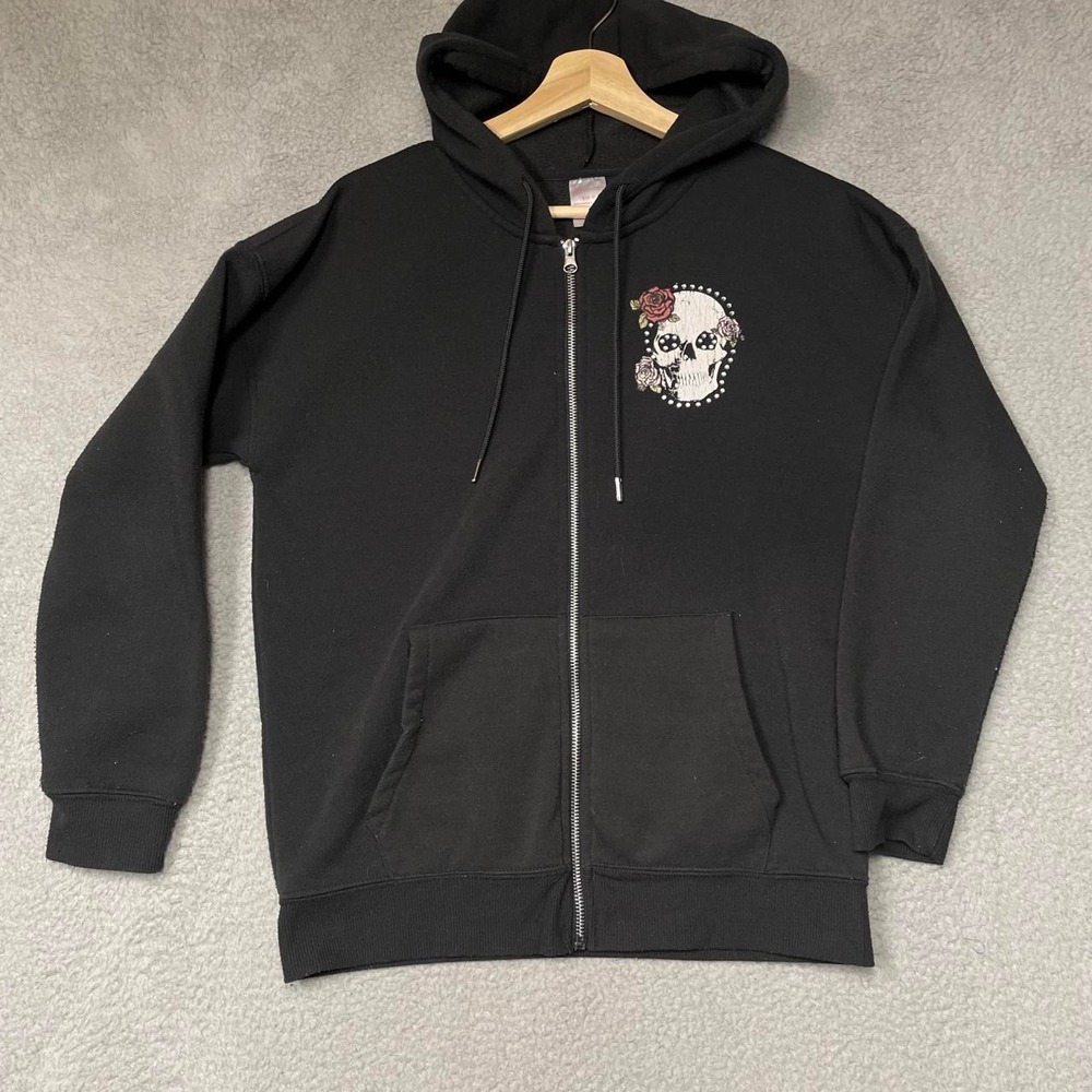 No Boundaries Zip Up Hoodie Womens S Black Skull Rose Rhinestone Y2K Goth